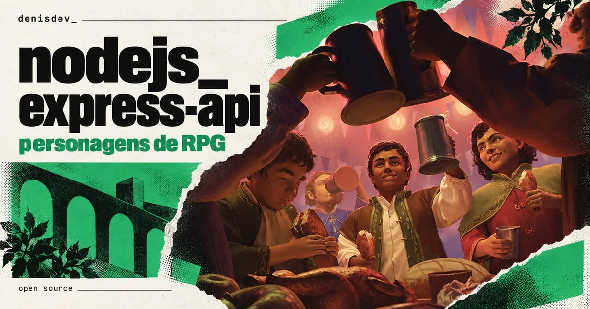 Capa de nodejsexpress-api: personagens de RPG, com hobbits brindando em um banquete.