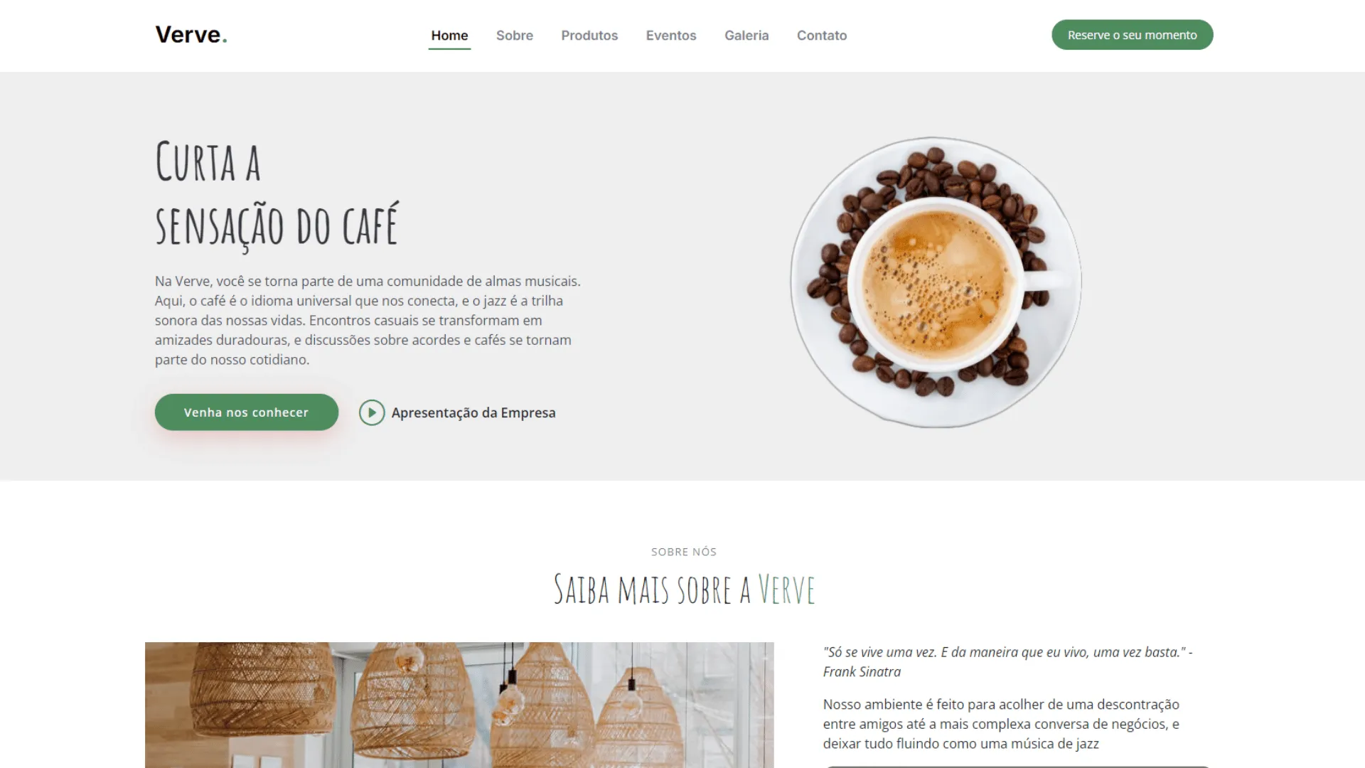 Captura de tela do site Verve — website de café temático de jazz